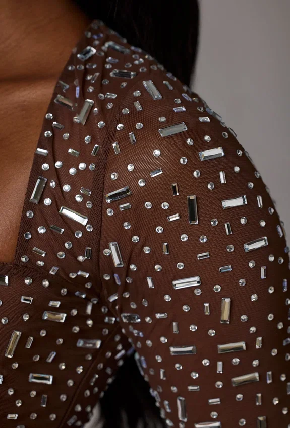 Guilia genomskinlig, dekorerad kort topp med långa ärmar i Deep Cocoa Guilia genomskinlig, dekorerad kort topp med långa ärmar i Deep Cocoa