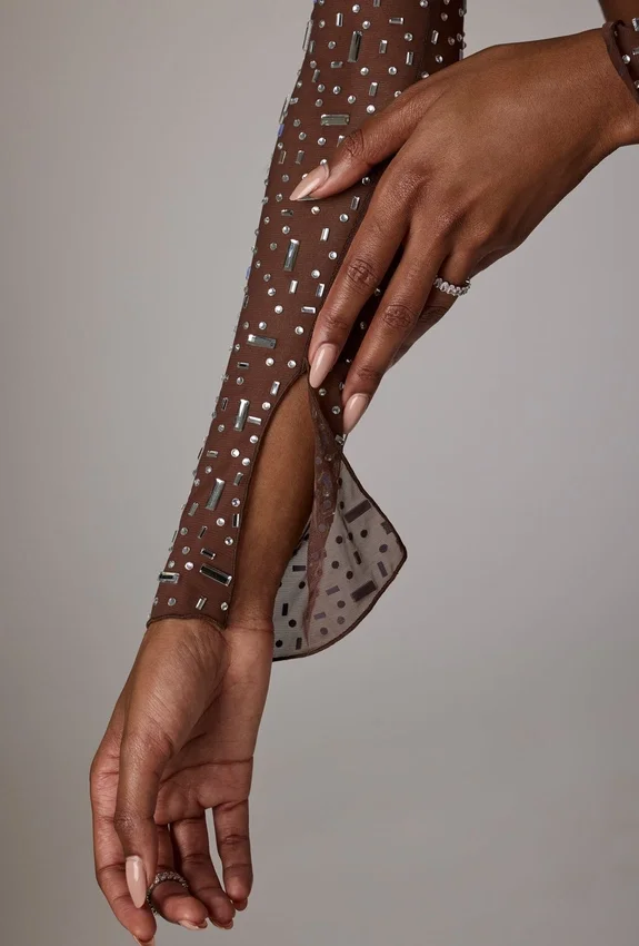 Guilia genomskinlig, dekorerad kort topp med långa ärmar i Deep Cocoa Guilia genomskinlig, dekorerad kort topp med långa ärmar i Deep Cocoa