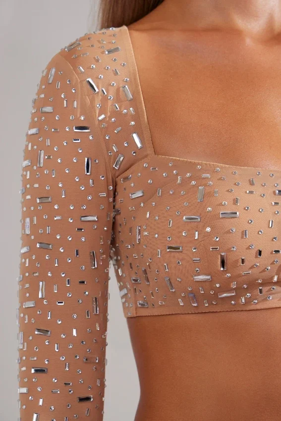 Guilia genomskinlig, dekorerad kort topp med långa ärmar i färgen Almond Guilia genomskinlig, dekorerad kort topp med långa ärmar i färgen Almond