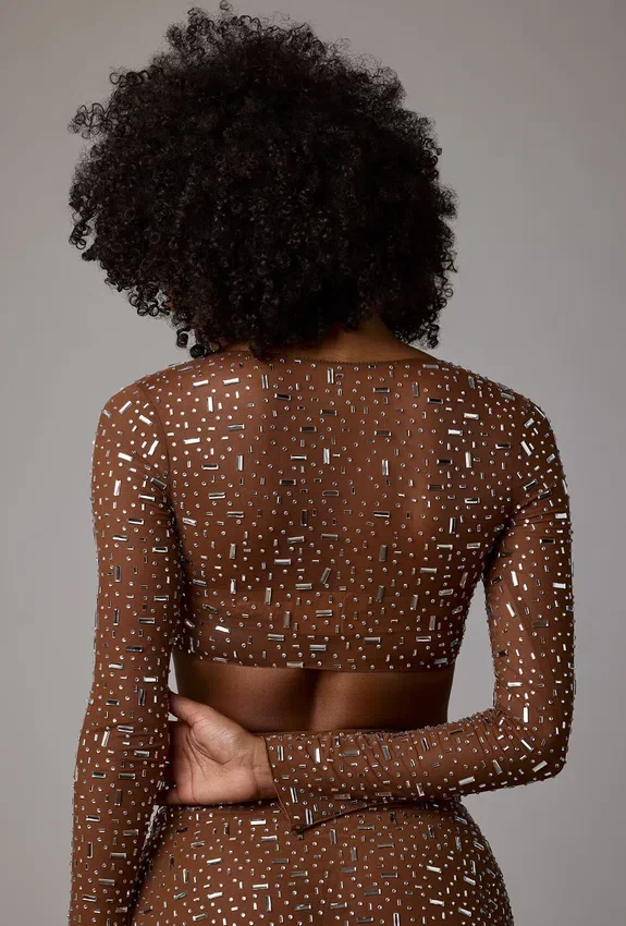 Guilia genomskinlig, dekorerad kort topp med långa ärmar i färgen Mocha Guilia genomskinlig, dekorerad kort topp med långa ärmar i färgen Mocha