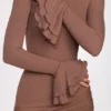 Helena ribbad modal långärmad draperad miniklänning i mocha Helena ribbad modal långärmad draperad miniklänning i mocha