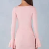 Helena ribbad modalklänning med långa ärmar och draperad miniklänning i blushrosa Helena ribbad modalklänning med långa ärmar och draperad miniklänning i blushrosa
