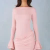 Helena ribbad modalklänning med långa ärmar och draperad miniklänning i blushrosa Helena ribbad modalklänning med långa ärmar och draperad miniklänning i blushrosa