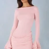 Helena ribbad modalklänning med långa ärmar och draperad miniklänning i blushrosa Helena ribbad modalklänning med långa ärmar och draperad miniklänning i blushrosa