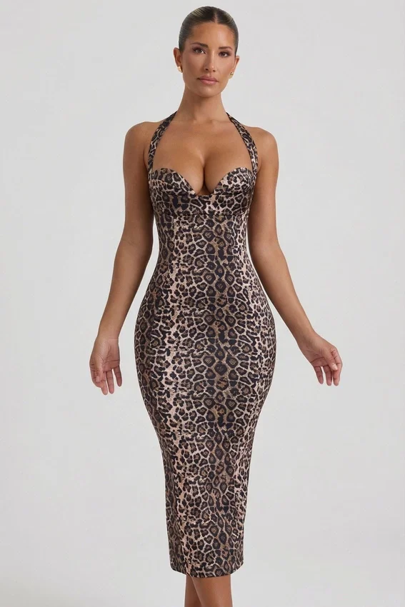 Ismay midilång bodycon-klänning med lager på lager och halterneck i leopardmönster Ismay midilång bodycon-klänning med lager på lager och halterneck i leopardmönster