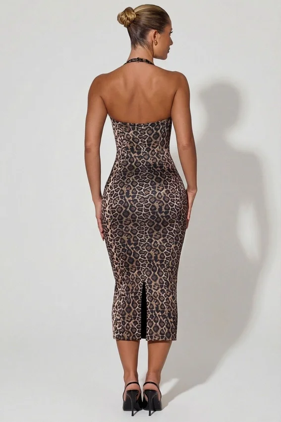 Ismay midilång bodycon-klänning med lager på lager och halterneck i leopardmönster Ismay midilång bodycon-klänning med lager på lager och halterneck i leopardmönster