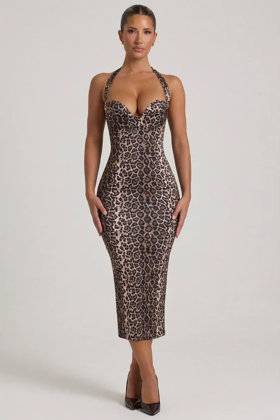 Ismay midilång bodycon-klänning med lager på lager och halterneck i leopardmönster Ismay midilång bodycon-klänning med lager på lager och halterneck i leopardmönster