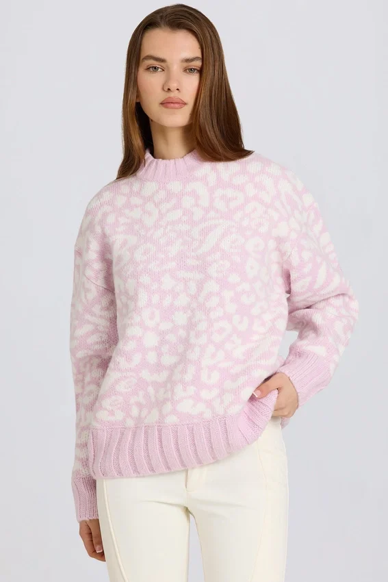 Jacquardstickad oversized-tröja i rosa Jacquardstickad oversized-tröja i rosa