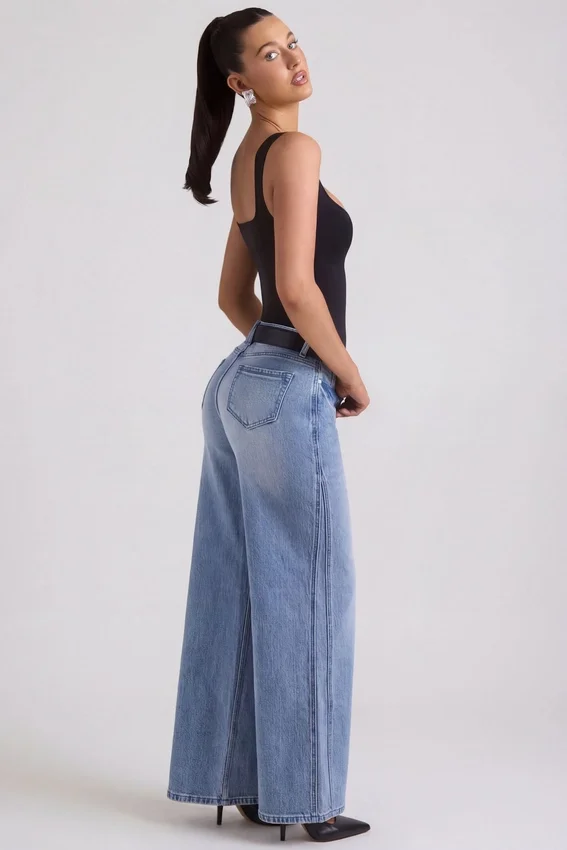 Jeylan lågmidjade jeans med vida ben i vintage-tvätt Jeylan lågmidjade jeans med vida ben i vintage-tvätt