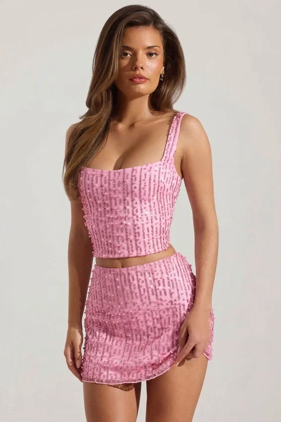 Jianna minikjol med dekor och låg midja i rosa Jianna minikjol med dekor och låg midja i rosa