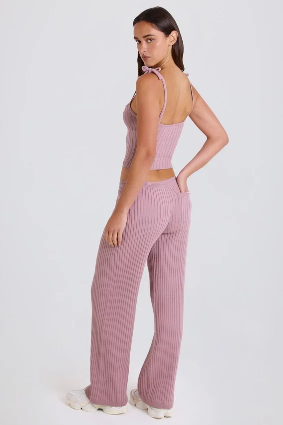 Joggingbyxor i ribbad stickning med vida ben i mauve Joggingbyxor i ribbad stickning med vida ben i mauve