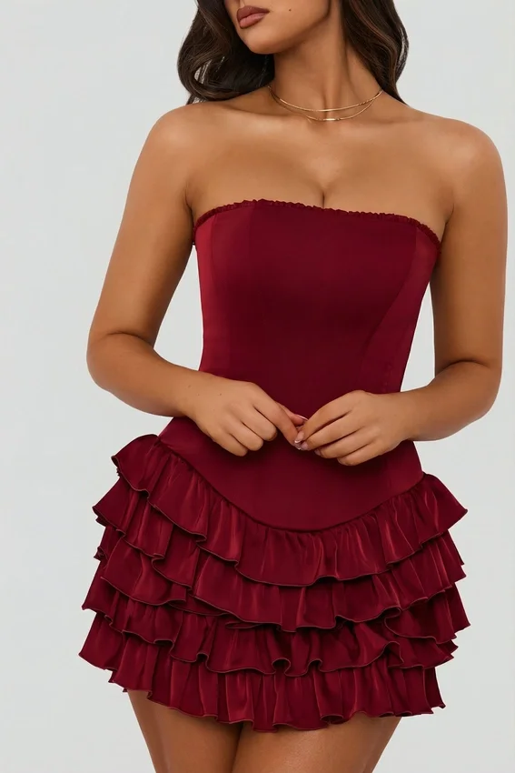 Juliet Bandeau-miniklänning med volanger och korsett i bärrött Juliet Bandeau-miniklänning med volanger och korsett i bärrött