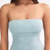 Jumpsuit i grovstickad bandeau med utsvängda ben i dammig blågrön Jumpsuit i grovstickad bandeau med utsvängda ben i dammig blågrön
