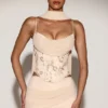 Junelle Embellished Lace-Up Corset Top med scarf i guld Junelle Embellished Lace-Up Corset Top med scarf i guld