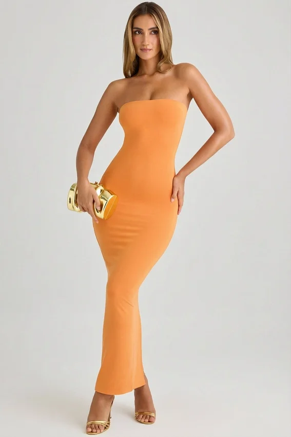 Kali Modal Bandeau Bodycon Maxiklänning i Sunset Orange Kali Modal Bandeau Bodycon Maxiklänning i Sunset Orange