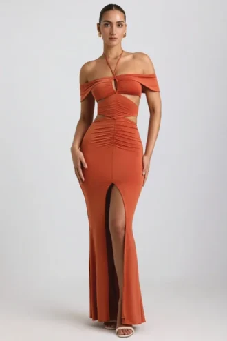 Karleen Slinky Jersey Cut-Out Halterneck Gown i Burnt Orange