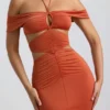 Karleen Slinky Jersey Cut-Out Halterneck Gown i Burnt Orange Karleen Slinky Jersey Cut-Out Halterneck Gown i Burnt Orange