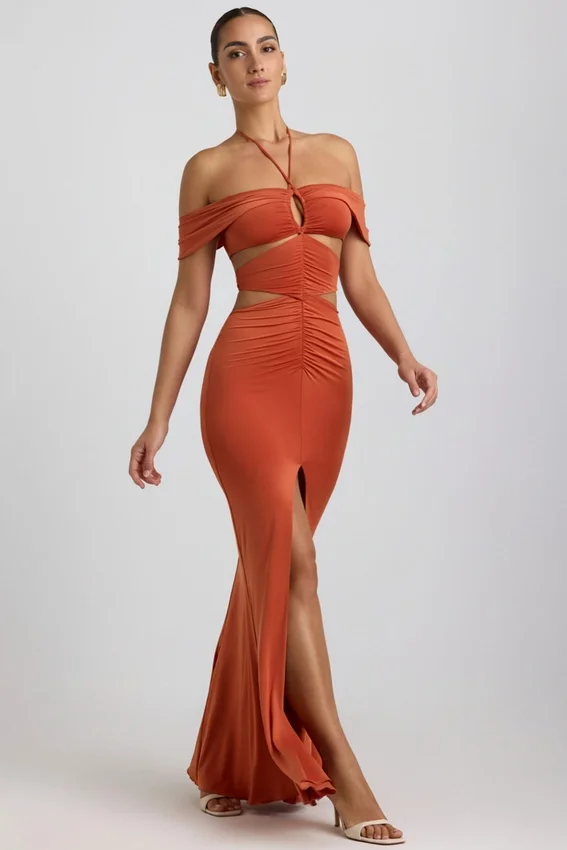 Karleen Slinky Jersey Cut-Out Halterneck Gown i Burnt Orange Karleen Slinky Jersey Cut-Out Halterneck Gown i Burnt Orange