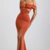 Karleen Slinky Jersey Cut-Out Halterneck Gown i Burnt Orange Karleen Slinky Jersey Cut-Out Halterneck Gown i Burnt Orange