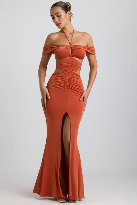 Karleen Slinky Jersey Cut-Out Halterneck Gown i Burnt Orange Karleen Slinky Jersey Cut-Out Halterneck Gown i Burnt Orange