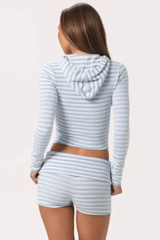 Kort hoodie i ribbad jersey med blå ränder