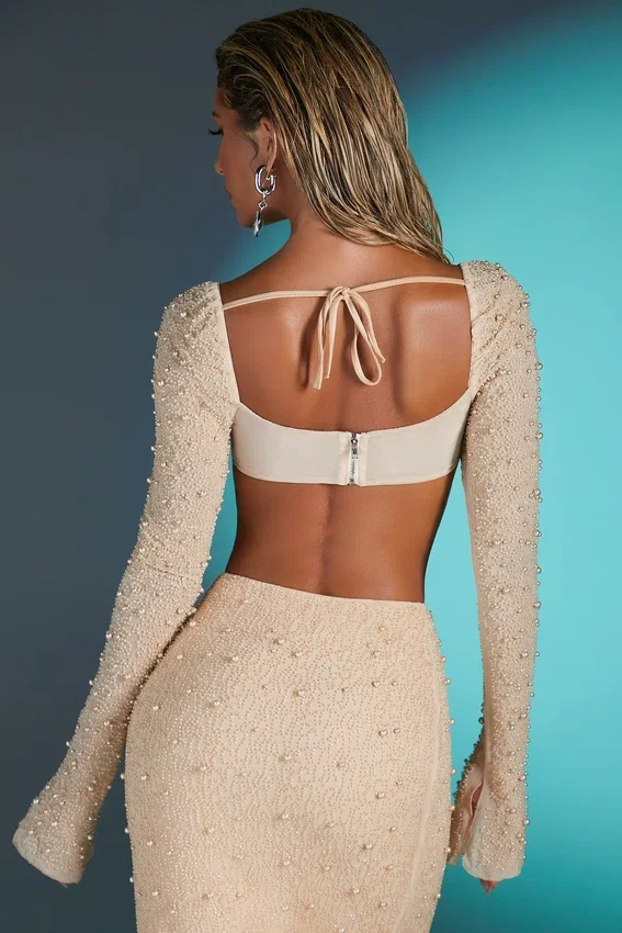 La Desirade Embellished Cowl Neck Crop Top i sand La Desirade Embellished Cowl Neck Crop Top i sand