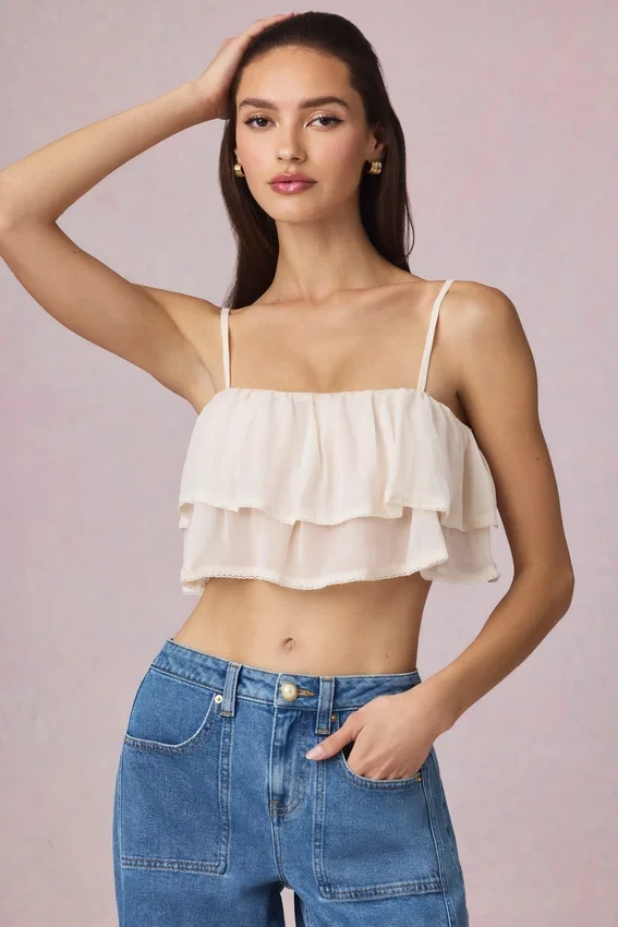 Lacie kort camisole-top med volanger i elfenben Lacie kort camisole-top med volanger i elfenben