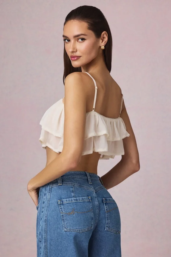 Lacie kort camisole-top med volanger i elfenben Lacie kort camisole-top med volanger i elfenben