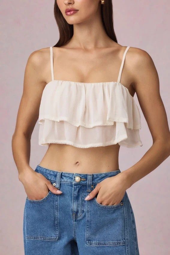 Lacie kort camisole-top med volanger i elfenben Lacie kort camisole-top med volanger i elfenben