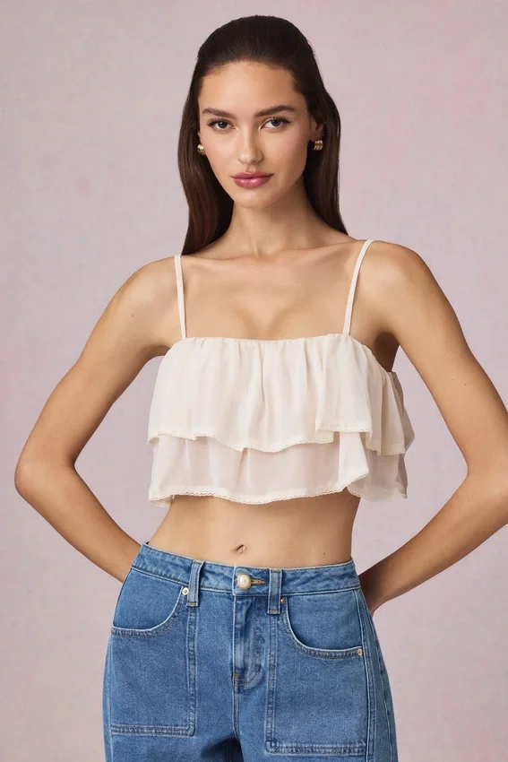 Lacie kort camisole-top med volanger i elfenben Lacie kort camisole-top med volanger i elfenben