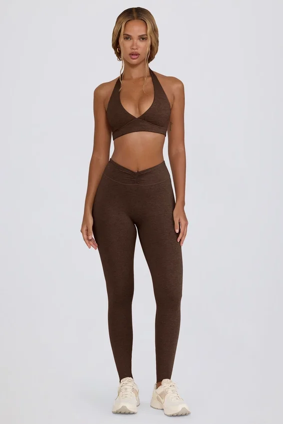 Leggings i borstad jersey med rynkad midja i pecanmarl Leggings i borstad jersey med rynkad midja i pecanmarl
