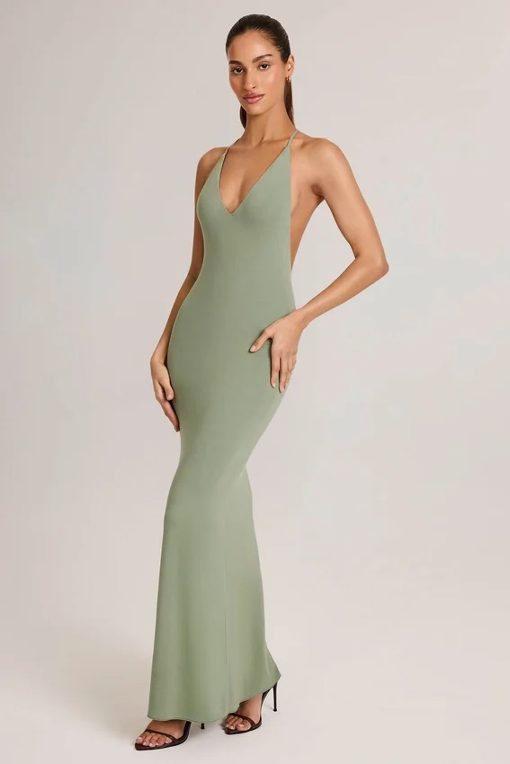 Leire Modal Plunge Backless Maxi Klänning i salviagrön Leire Modal Plunge Backless Maxi Klänning i salviagrön