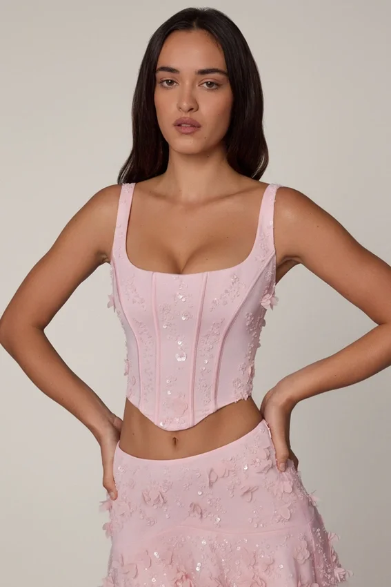 Letitia Embellished Lace-Up Corset Top i mjukrosa Letitia Embellished Lace-Up Corset Top i mjukrosa
