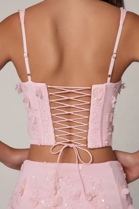 Letitia Embellished Lace-Up Corset Top i mjukrosa Letitia Embellished Lace-Up Corset Top i mjukrosa
