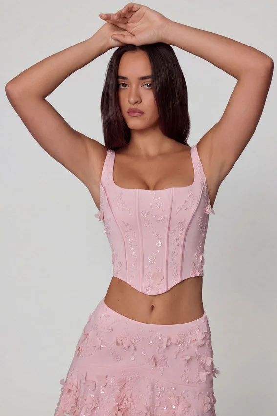 Letitia Embellished Lace-Up Corset Top i mjukrosa Letitia Embellished Lace-Up Corset Top i mjukrosa