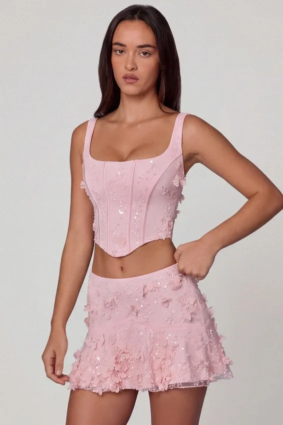 Letitia Embellished Lace-Up Corset Top i mjukrosa Letitia Embellished Lace-Up Corset Top i mjukrosa