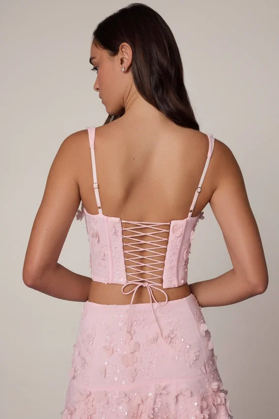 Letitia Embellished Lace-Up Corset Top i mjukrosa Letitia Embellished Lace-Up Corset Top i mjukrosa