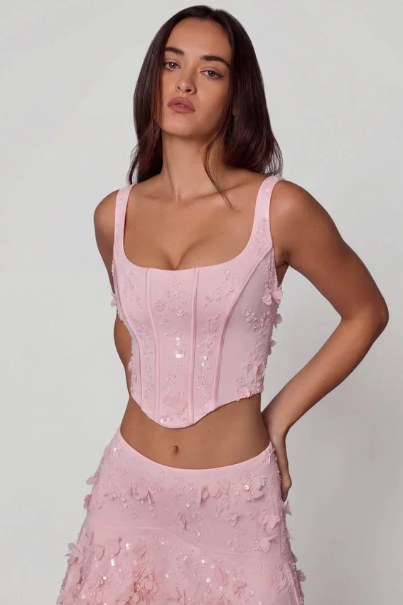 Letitia Embellished Lace-Up Corset Top i mjukrosa Letitia Embellished Lace-Up Corset Top i mjukrosa