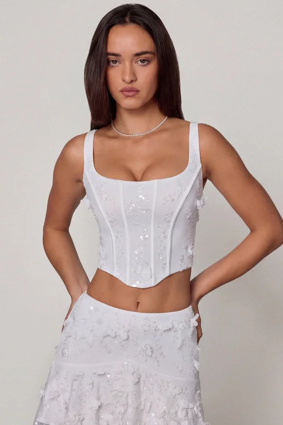 Letitia Embellished Lace-Up Corset Top i vitt Letitia Embellished Lace-Up Corset Top i vitt