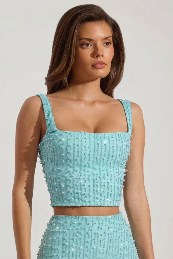 Lirael Embellished Square-Neck Crop Top i aquablått Lirael Embellished Square-Neck Crop Top i aquablått