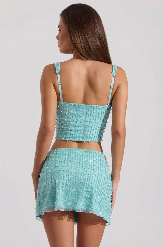 Lirael Embellished Square-Neck Crop Top i aquablått Lirael Embellished Square-Neck Crop Top i aquablått