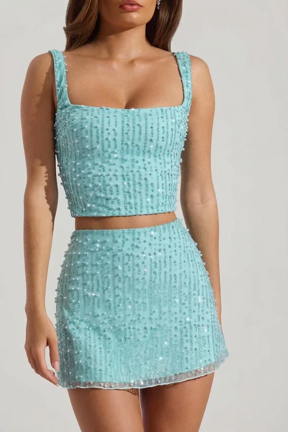 Lirael Embellished Square-Neck Crop Top i aquablått Lirael Embellished Square-Neck Crop Top i aquablått