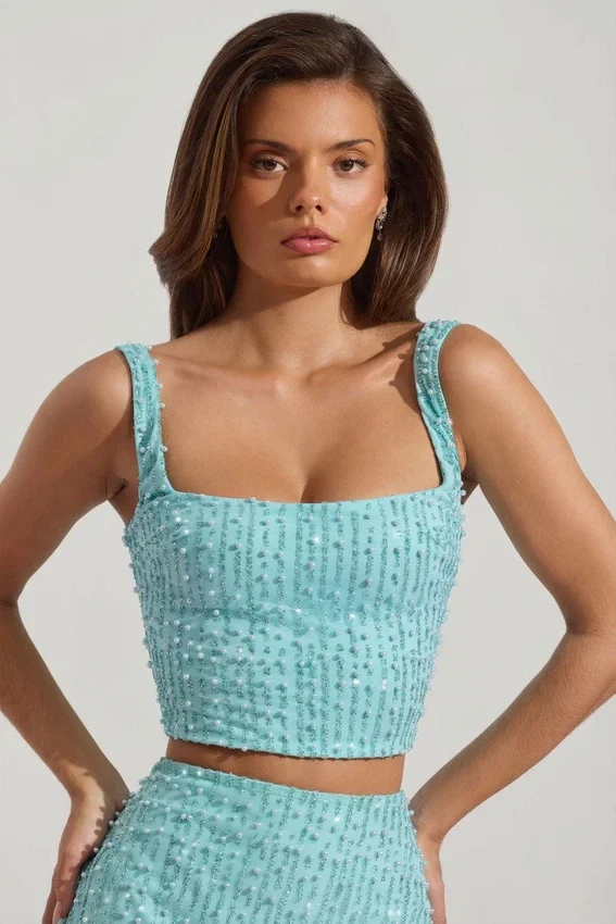 Lirael Embellished Square-Neck Crop Top i aquablått Lirael Embellished Square-Neck Crop Top i aquablått
