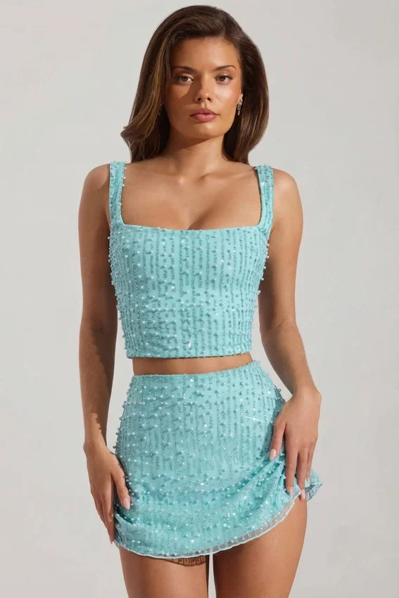 Lirael Embellished Square-Neck Crop Top i aquablått Lirael Embellished Square-Neck Crop Top i aquablått
