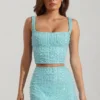 Lirael Embellished Square-Neck Crop Top i aquablått Lirael Embellished Square-Neck Crop Top i aquablått
