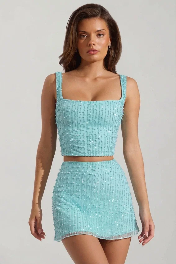 Lirael Embellished Square-Neck Crop Top i aquablått Lirael Embellished Square-Neck Crop Top i aquablått