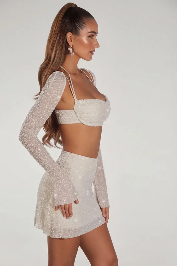 Lucerne Embellished Long Sleeve Crop Top i Ivory Lucerne Embellished Long Sleeve Crop Top i Ivory