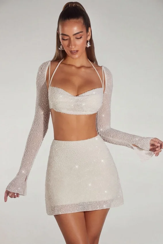 Lucerne Embellished Long Sleeve Crop Top i Ivory Lucerne Embellished Long Sleeve Crop Top i Ivory
