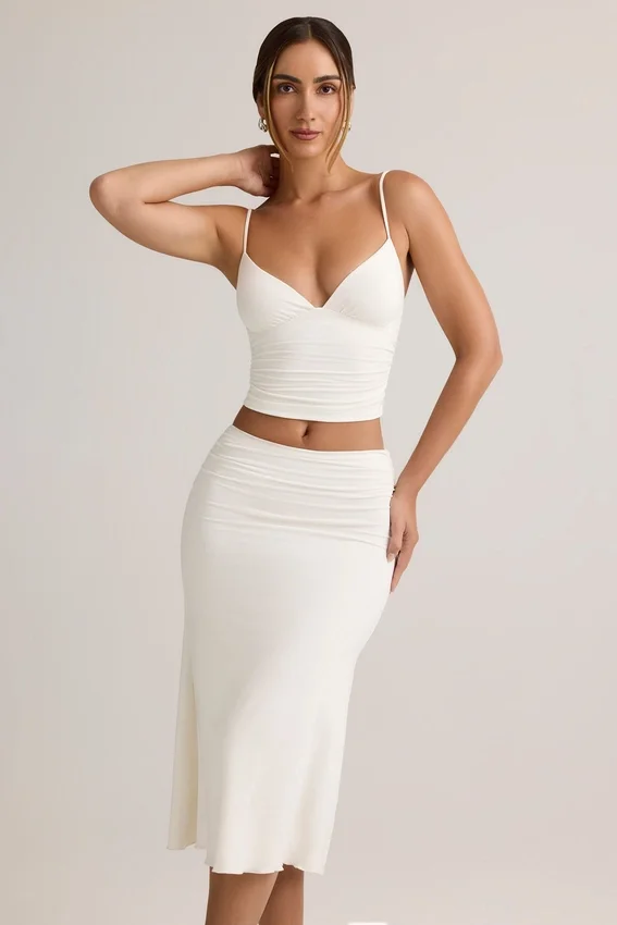 Luella Modal Ruched Mid-Rise Midaxi-kjol i vitt Luella Modal Ruched Mid-Rise Midaxi-kjol i vitt