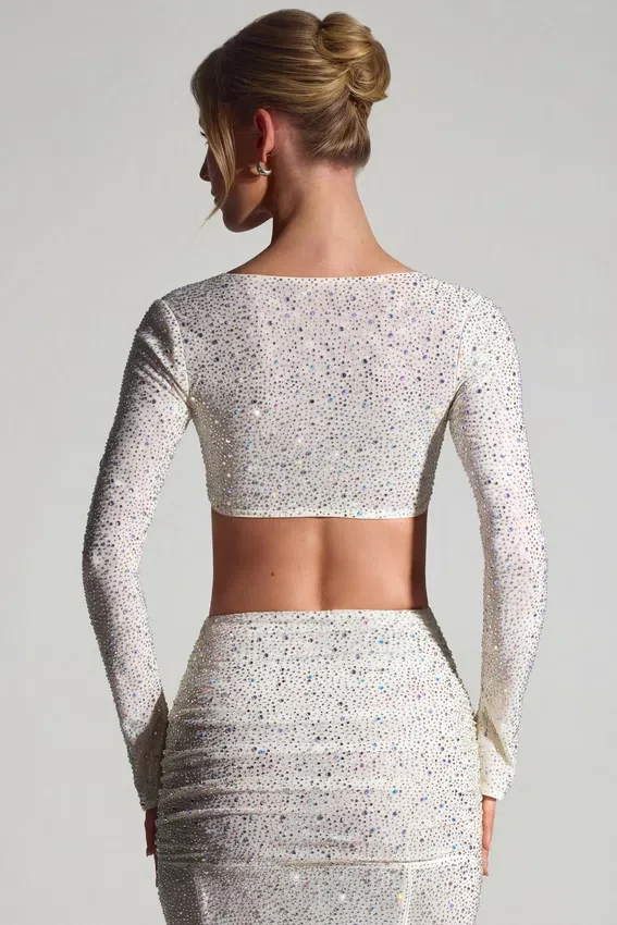 Lumina Embellished Long-Sleeve Crop Top i vitt Lumina Embellished Long-Sleeve Crop Top i vitt